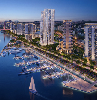 A panorama of Belgrade Waterfront Marina with luxury yachts and riverside buildings during a purple sunset.