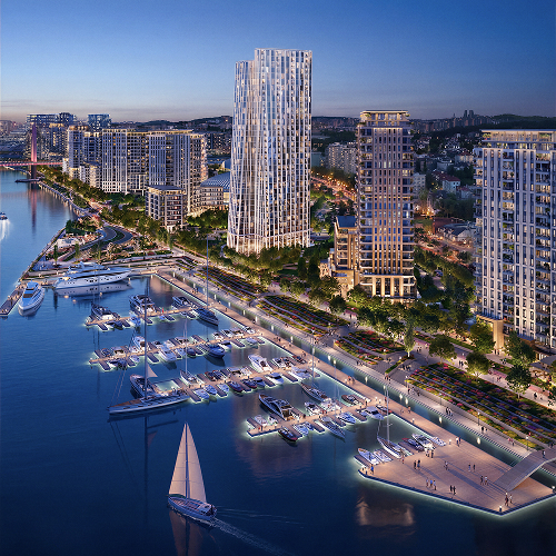 Panorama Belgrade Waterfront Marine sa luksuznim jahtama i zgradama pored Save tokom ljubičastog zalaska sunca.